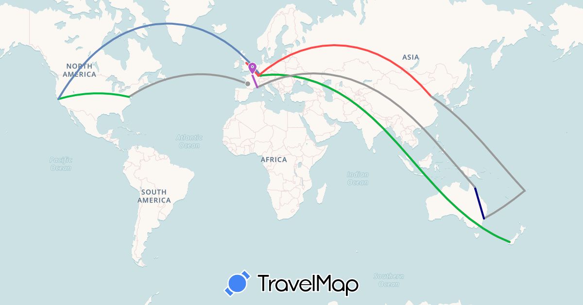 TravelMap itinerary: driving, bus, plane, cycling, train, hiking in Australia, China, Fiji, France, United Kingdom, New Zealand, United States (Asia, Europe, North America, Oceania)
